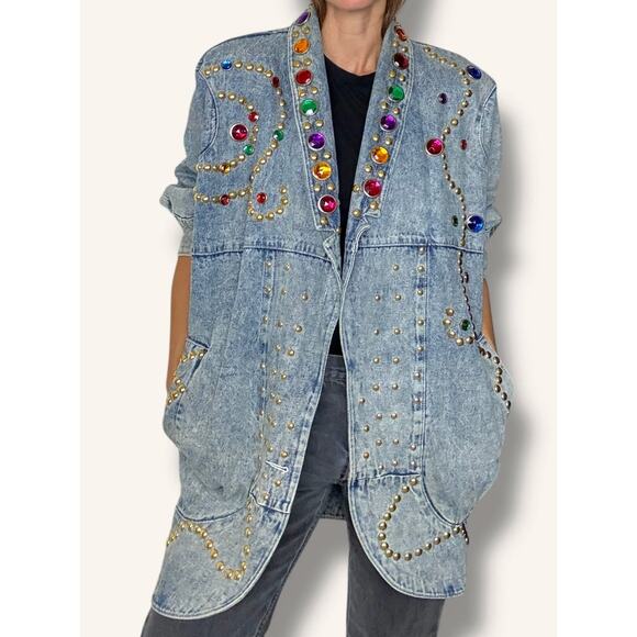 Vintage Acid Wash Denim Jean Stud Embellish Bejewel Rocker Duster 80s Jacket Art - Picture 1 of 14